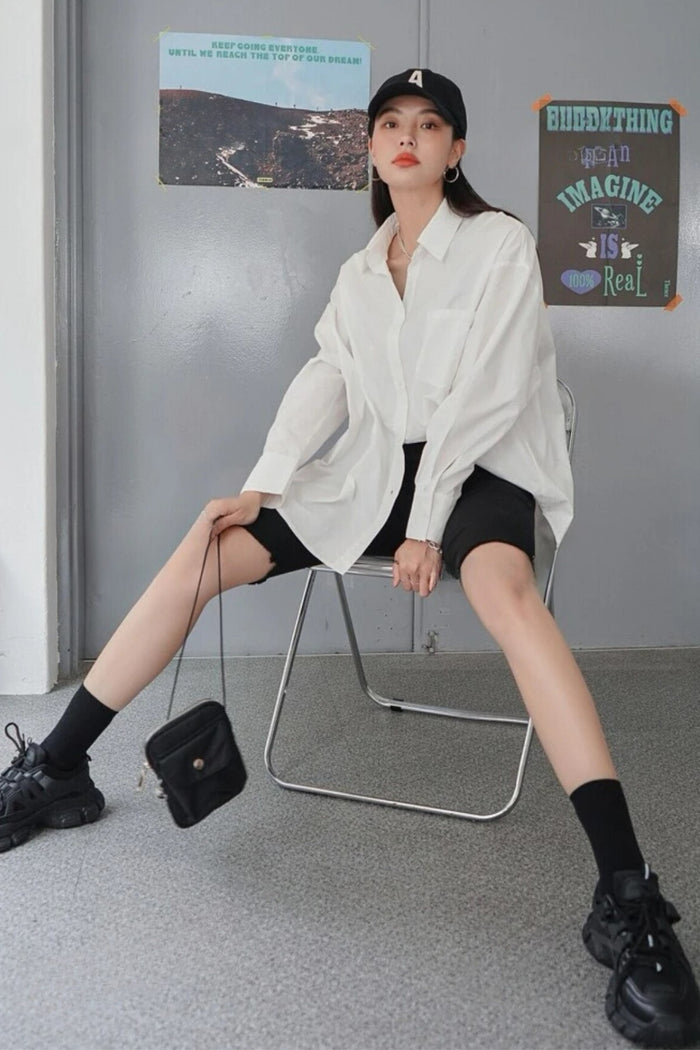 ESTHER Oversized Button-Down Pocket Shirt(White)
