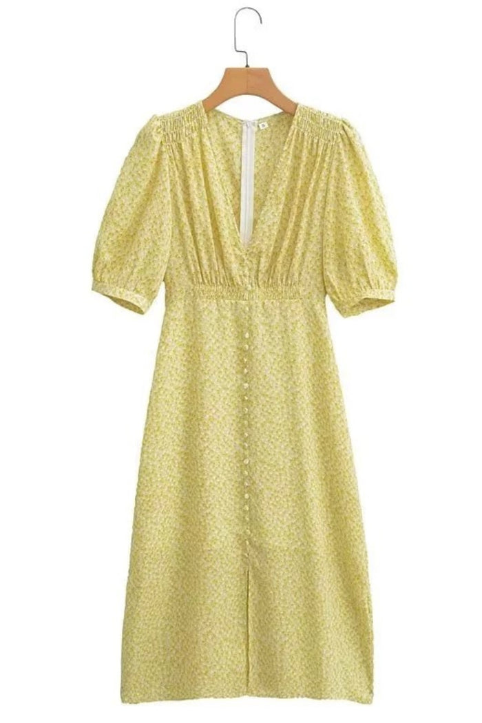 SUMMER Floral Puff-Sleeve Midi Dress (Yellow)