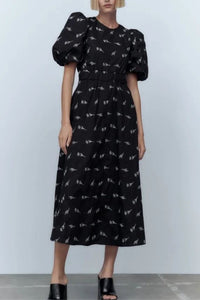 ADDISON Puff-Sleeve Embroidered Poplin Midi Dress (Black)