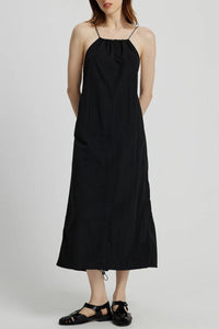 RAELYNN Halter Midi Parachute Dress W/ Toggle Drawstring Back & Hem (Black)