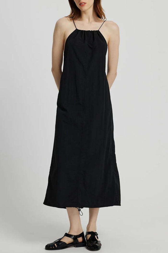 RAELYNN Halter Midi Parachute Dress W/ Toggle Drawstring Back & Hem (Black)
