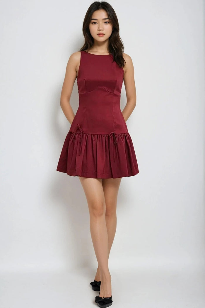 ARIA Boat Neck Bow Accent Ruffled Mini Dress (Burgundy Red)
