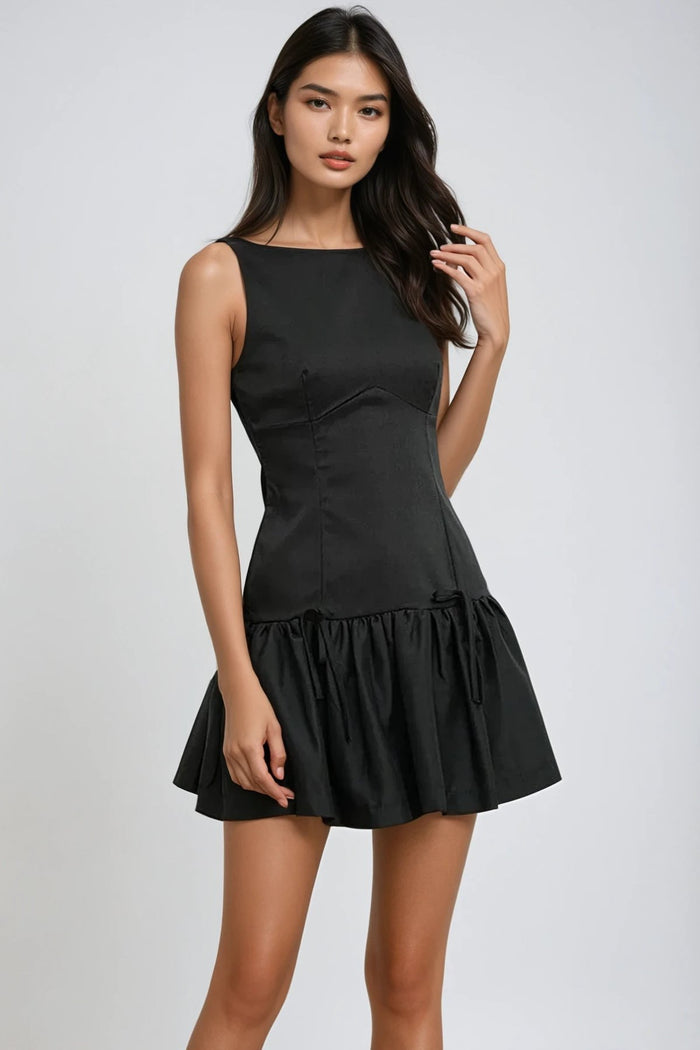 ARIA Boat Neck Bow Accent Ruffled Mini Dress (Black)