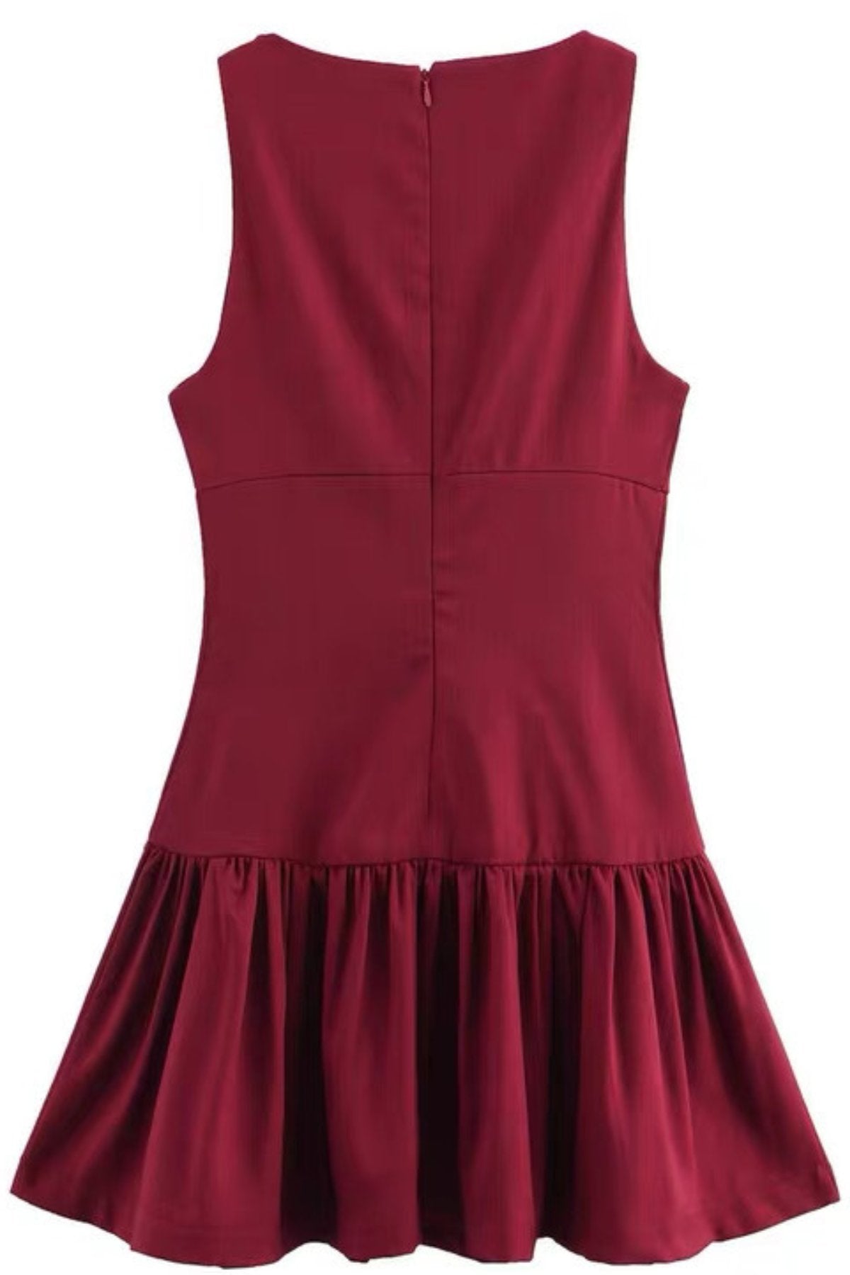 ARIA Boat Neck Bow Accent Ruffled Mini Dress (Burgundy Red)
