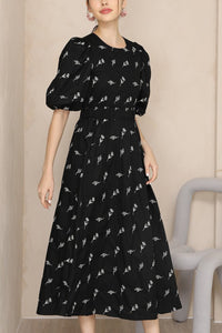 ADDISON Puff-Sleeve Embroidered Poplin Midi Dress (Black)