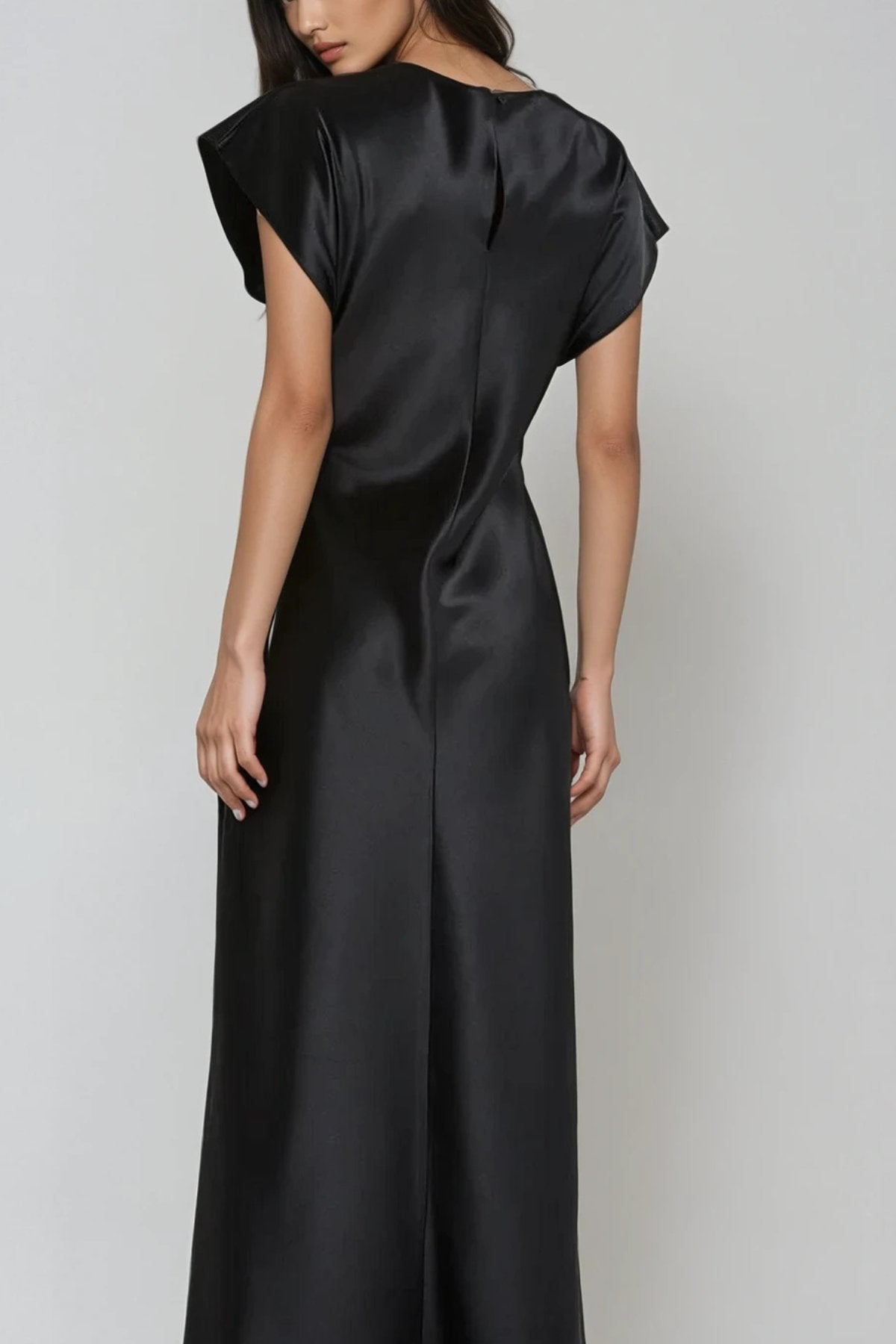 NOA Satin Midi Dress with Deep Back Slit (Black)