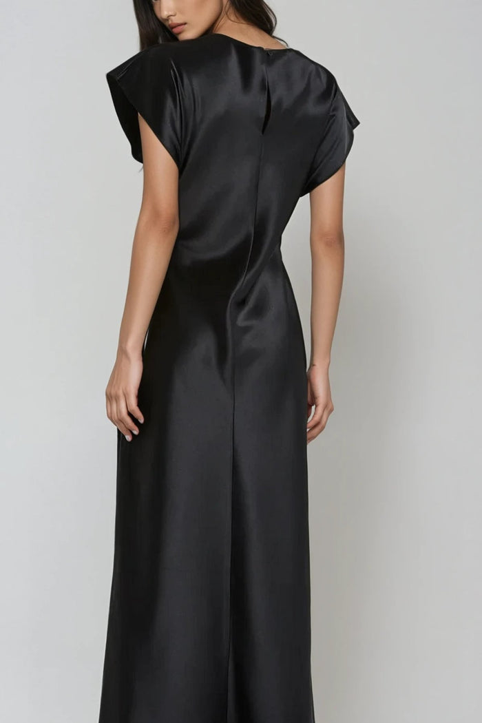 NOA Satin Midi Dress with Deep Back Slit (Black)