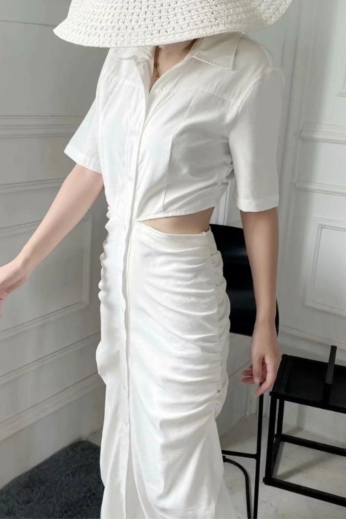 OAKLEY Open-Back Button-Down Ruched Sides Midi Dress (White)