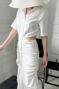 OAKLEY Open-Back Button-Down Ruched Sides Midi Dress (White)