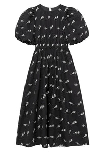 ADDISON Puff-Sleeve Embroidered Poplin Midi Dress (Black)