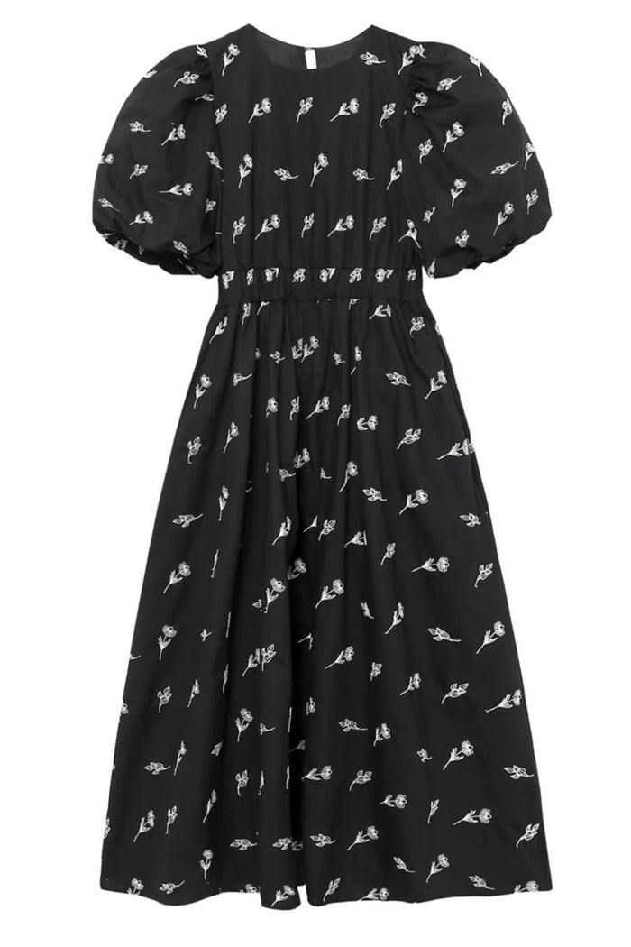 ADDISON Puff-Sleeve Embroidered Poplin Midi Dress (Black)