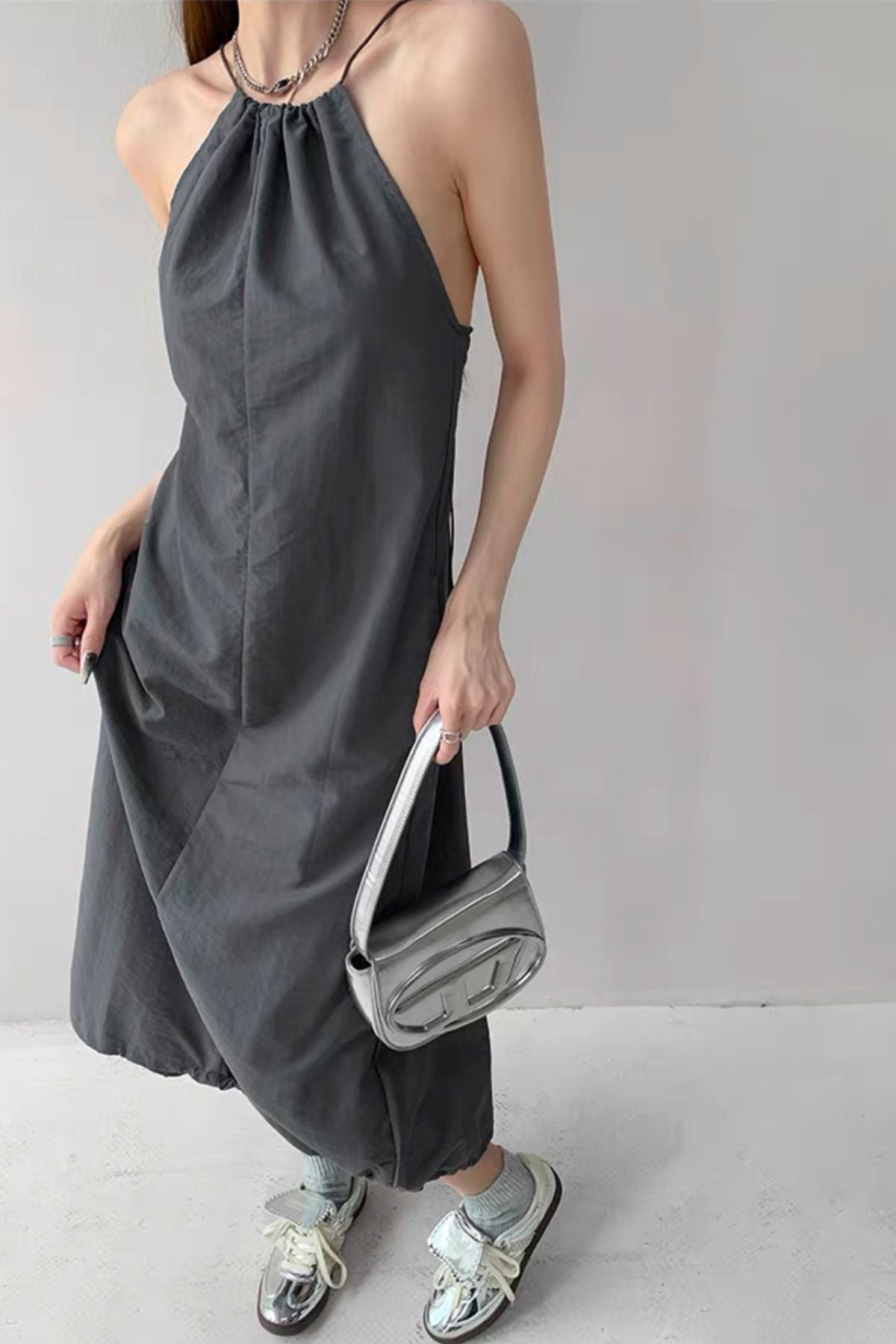 RAELYNN Halter Midi Parachute Dress W/ Toggle Drawstring Back & Hem (Coal Grey)