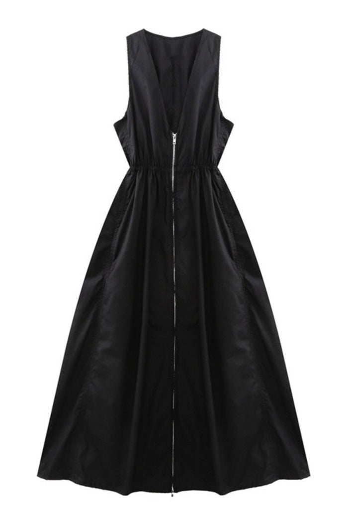 COLLINS 2-way Zip V-neck Midi Dress (Black)