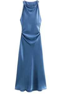 EVELYN Satin Cowl-Neck Midi Dress (Powder Blue)