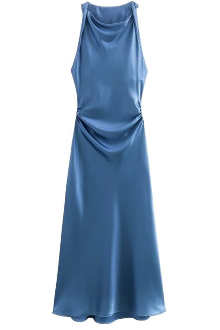 EVELYN Satin Cowl-Neck Midi Dress (Powder Blue)