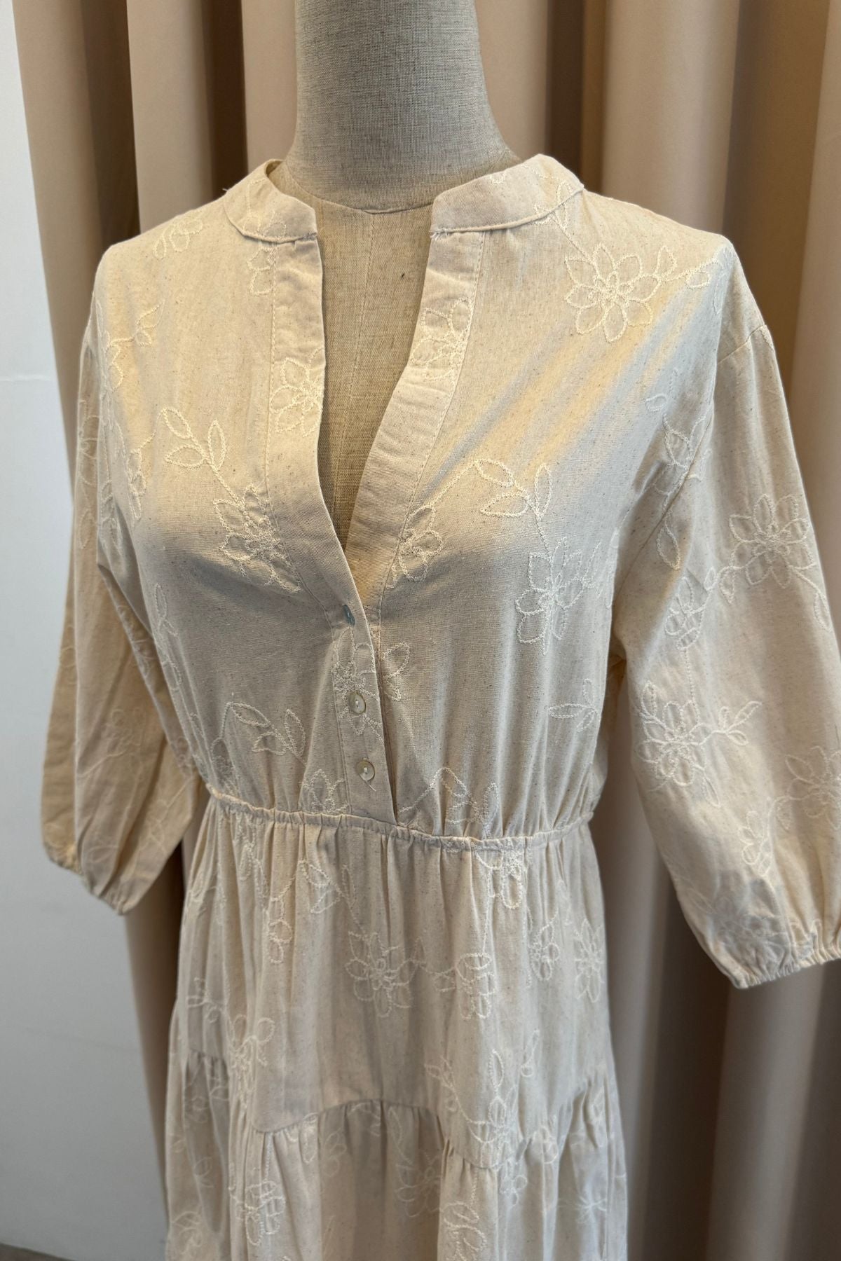 KAIA Tiered Embroidered Linen Midi Dress (Oat)