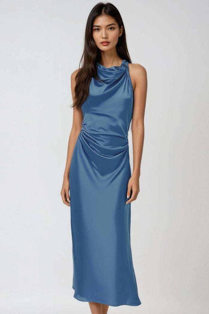 EVELYN Satin Cowl-Neck Midi Dress (Powder Blue)