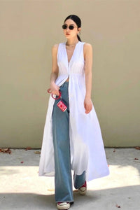 COLLINS 2-way Zip V-neck Midi Dress (White)