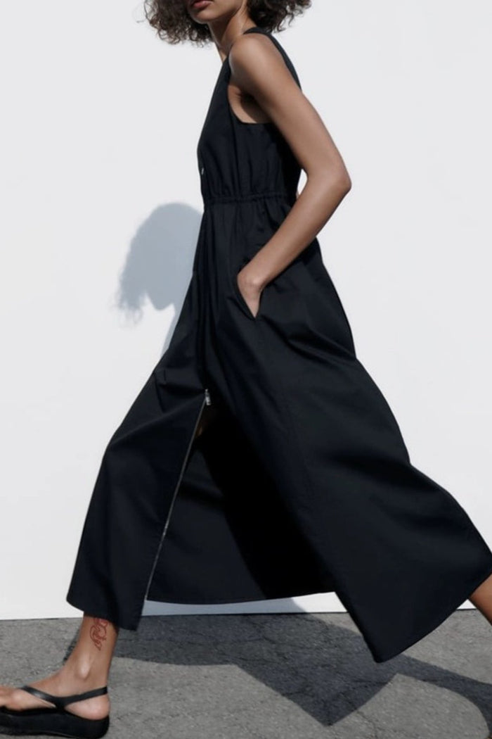 COLLINS 2-way Zip V-neck Midi Dress (Black)