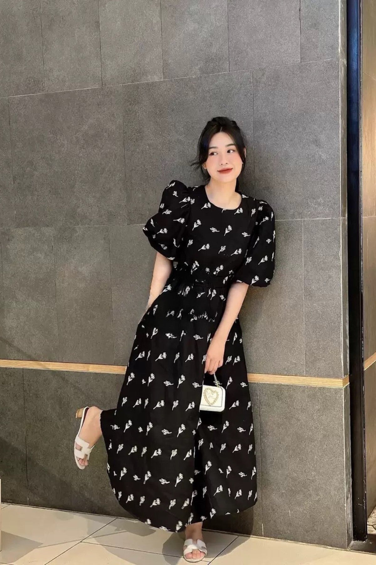 ADDISON Puff-Sleeve Embroidered Poplin Midi Dress (Black)