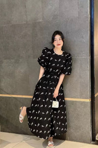 ADDISON Puff-Sleeve Embroidered Poplin Midi Dress (Black)