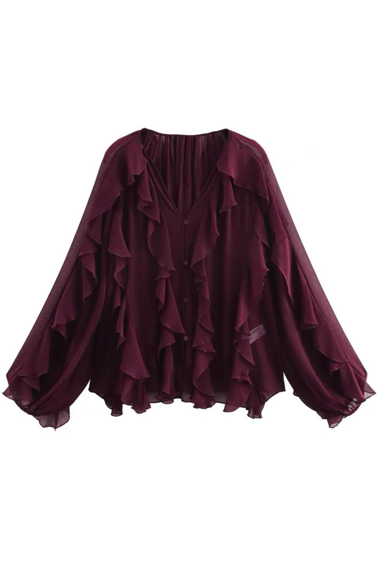 CALLA Ruffle Chiffon Statement Blouse (Burgundy Red)