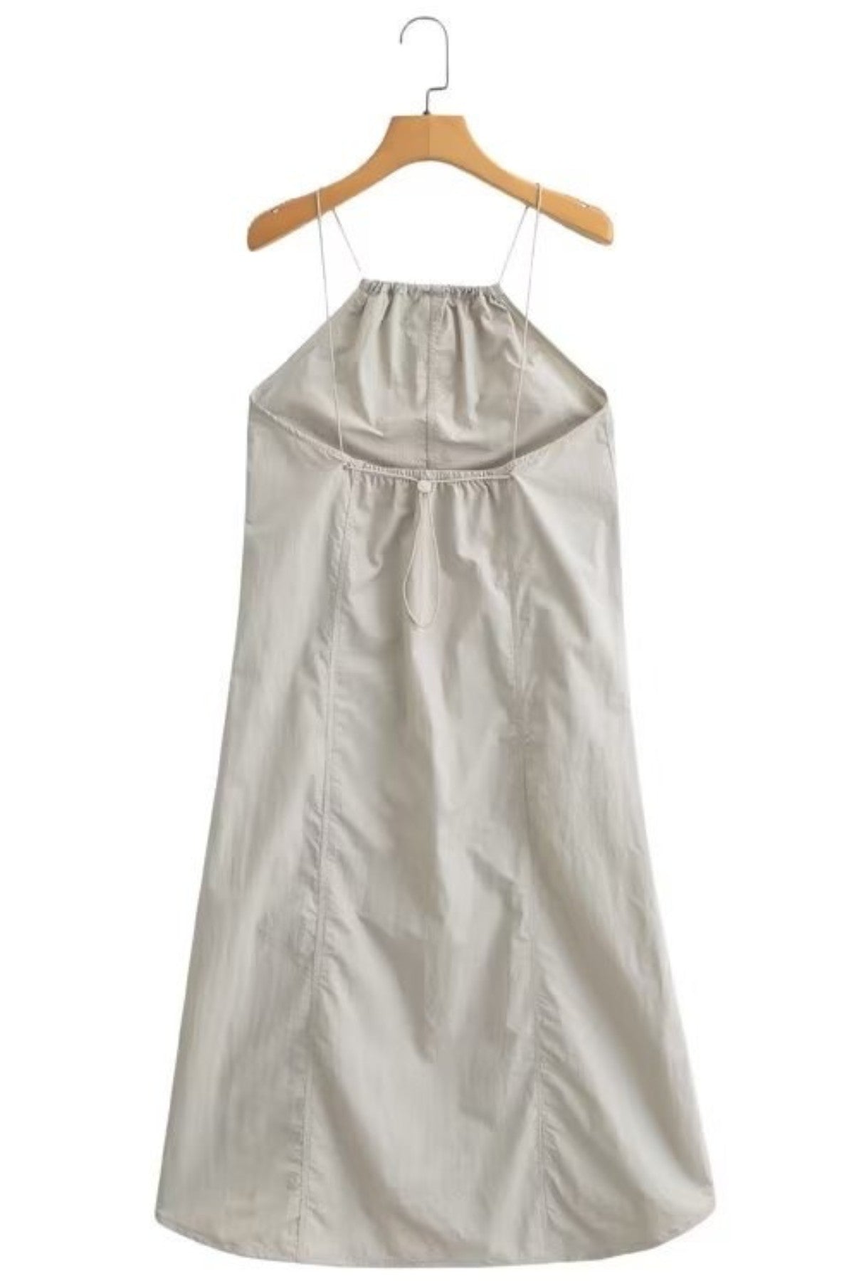 RAELYNN Halter Midi Parachute Dress W/ Toggle Drawstring Back & Hem (Stone Beige)