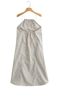 RAELYNN Halter Midi Parachute Dress W/ Toggle Drawstring Back & Hem (Stone Beige)