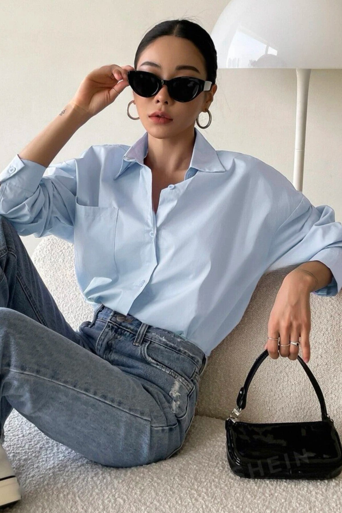 ESTHER Oversized Button-Down Pocket Shirt(Powder Blue)