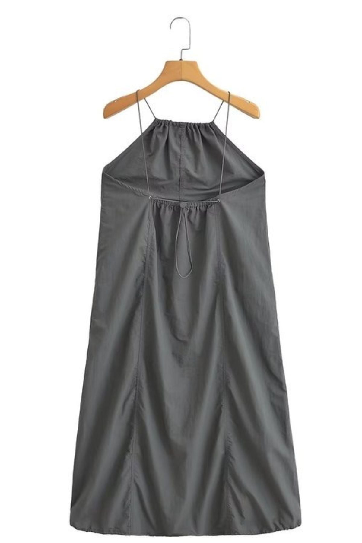 RAELYNN Halter Midi Parachute Dress W/ Toggle Drawstring Back & Hem (Coal Grey)