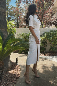 OAKLEY Open-Back Button-Down Ruched Sides Midi Dress (White)