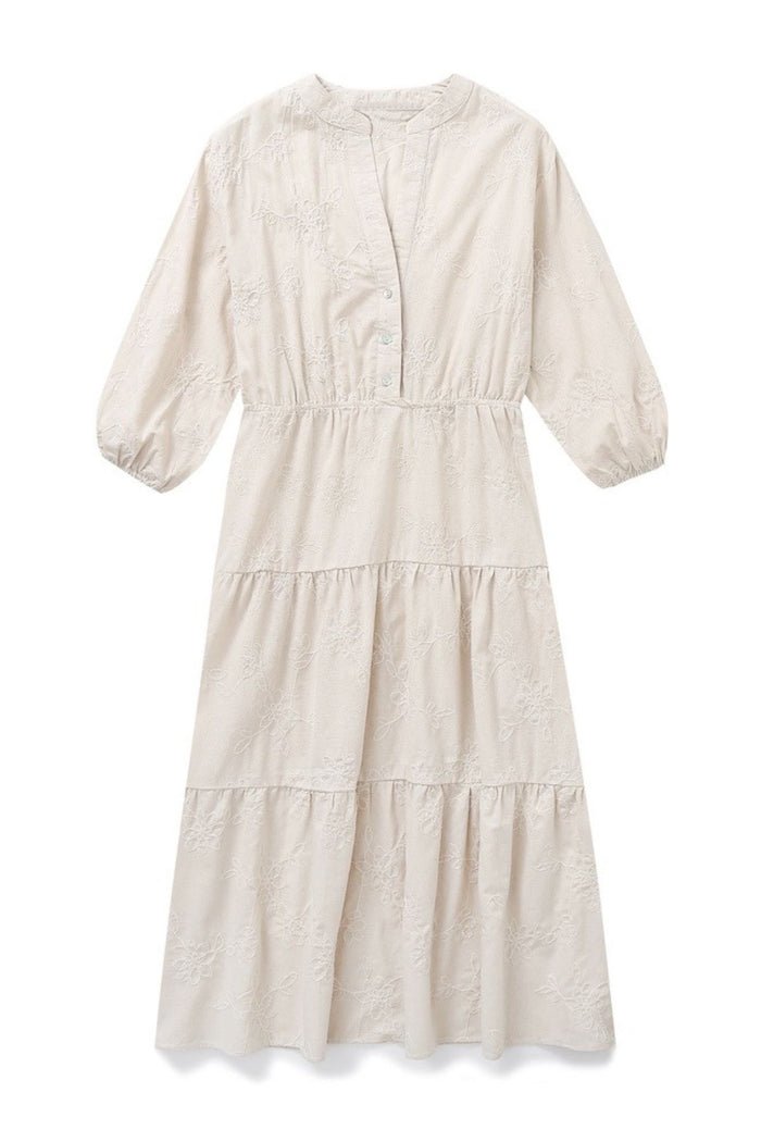 KAIA Tiered Embroidered Linen Midi Dress (Oat)