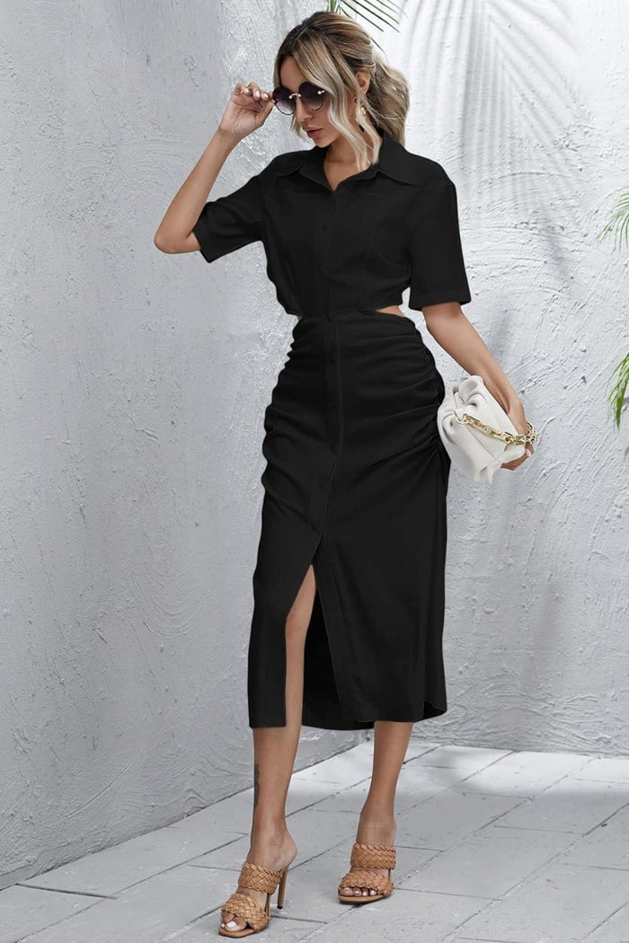 OAKLEY Open-Back Button-Down Ruched Sides Midi Dress (Black)