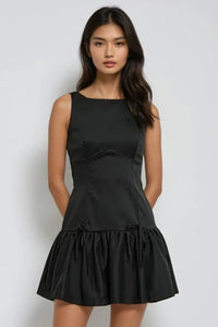 ARIA Boat Neck Bow Accent Ruffled Mini Dress (Black)