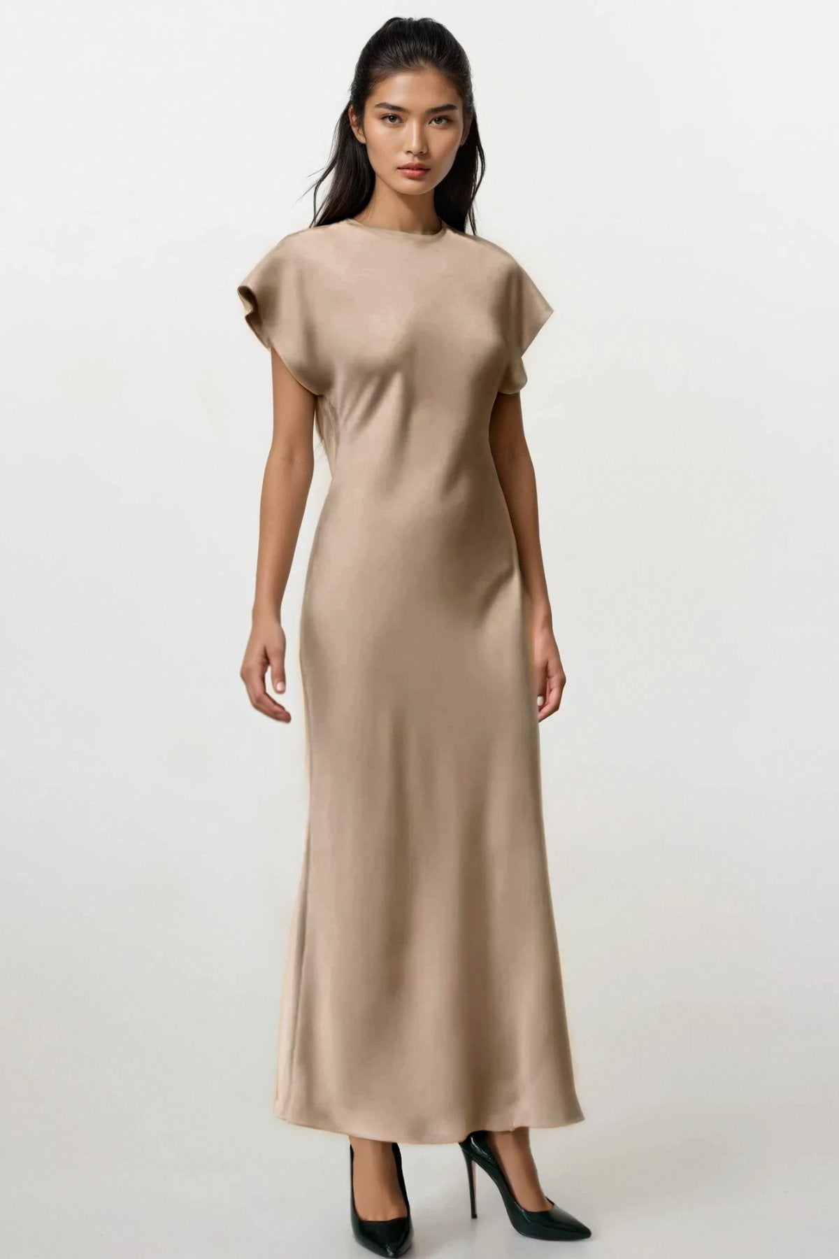 NOA Satin Midi Dress with Deep Back Slit (Champagne Beige)