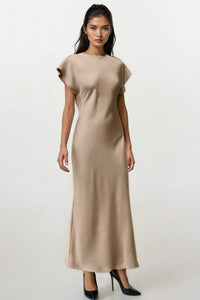 NOA Satin Midi Dress with Deep Back Slit (Champagne Beige)