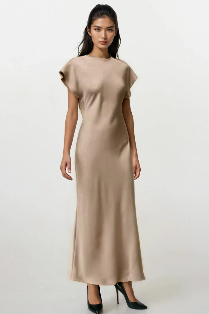 NOA Satin Midi Dress with Deep Back Slit (Champagne Beige)