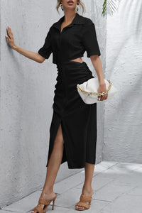 OAKLEY Open-Back Button-Down Ruched Sides Midi Dress (Black)