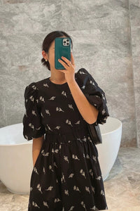 ADDISON Puff-Sleeve Embroidered Poplin Midi Dress (Black)