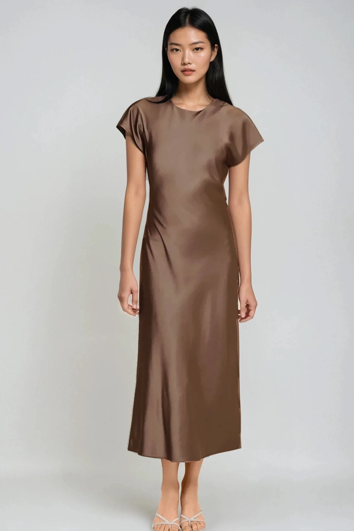 NOA Satin Midi Dress with Deep Back Slit (Espresso Brown) 1930 Clothing NOA Satin Midi Dress with Deep Back Slit (Espresso Brown) 1930 Clothing