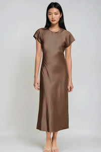 NOA Satin Midi Dress with Deep Back Slit (Espresso Brown)