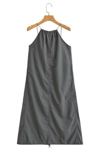 RAELYNN Halter Midi Parachute Dress W/ Toggle Drawstring Back & Hem (Coal Grey)