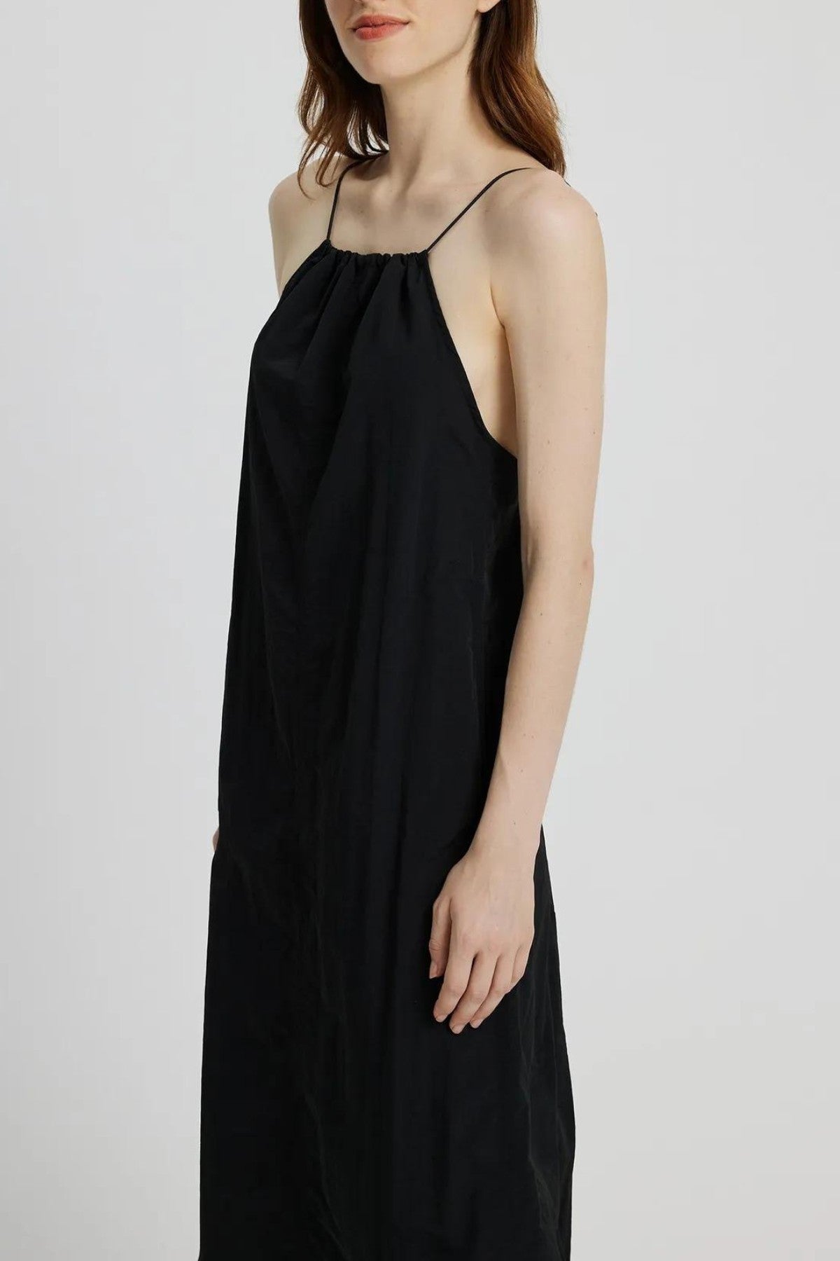 RAELYNN Halter Midi Parachute Dress W/ Toggle Drawstring Back & Hem (Black)