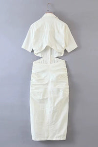 OAKLEY Open-Back Button-Down Ruched Sides Midi Dress (White)