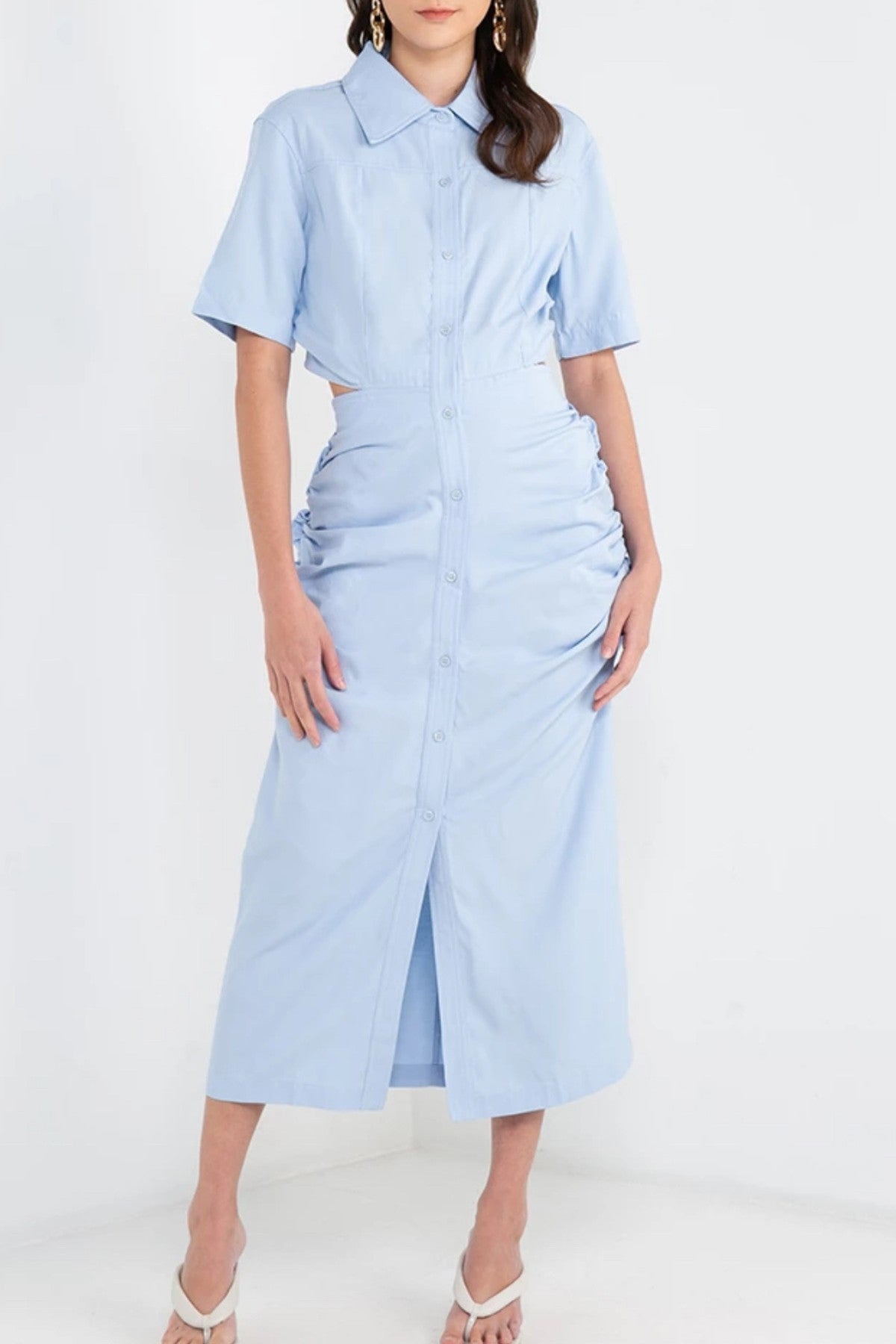 OAKLEY Open-Back Button-Down Ruched Sides Midi Dress (Powder Blue)