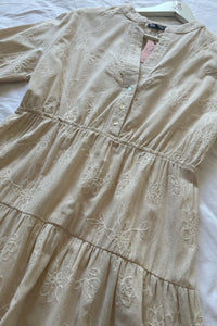 KAIA Tiered Embroidered Linen Midi Dress (Oat)