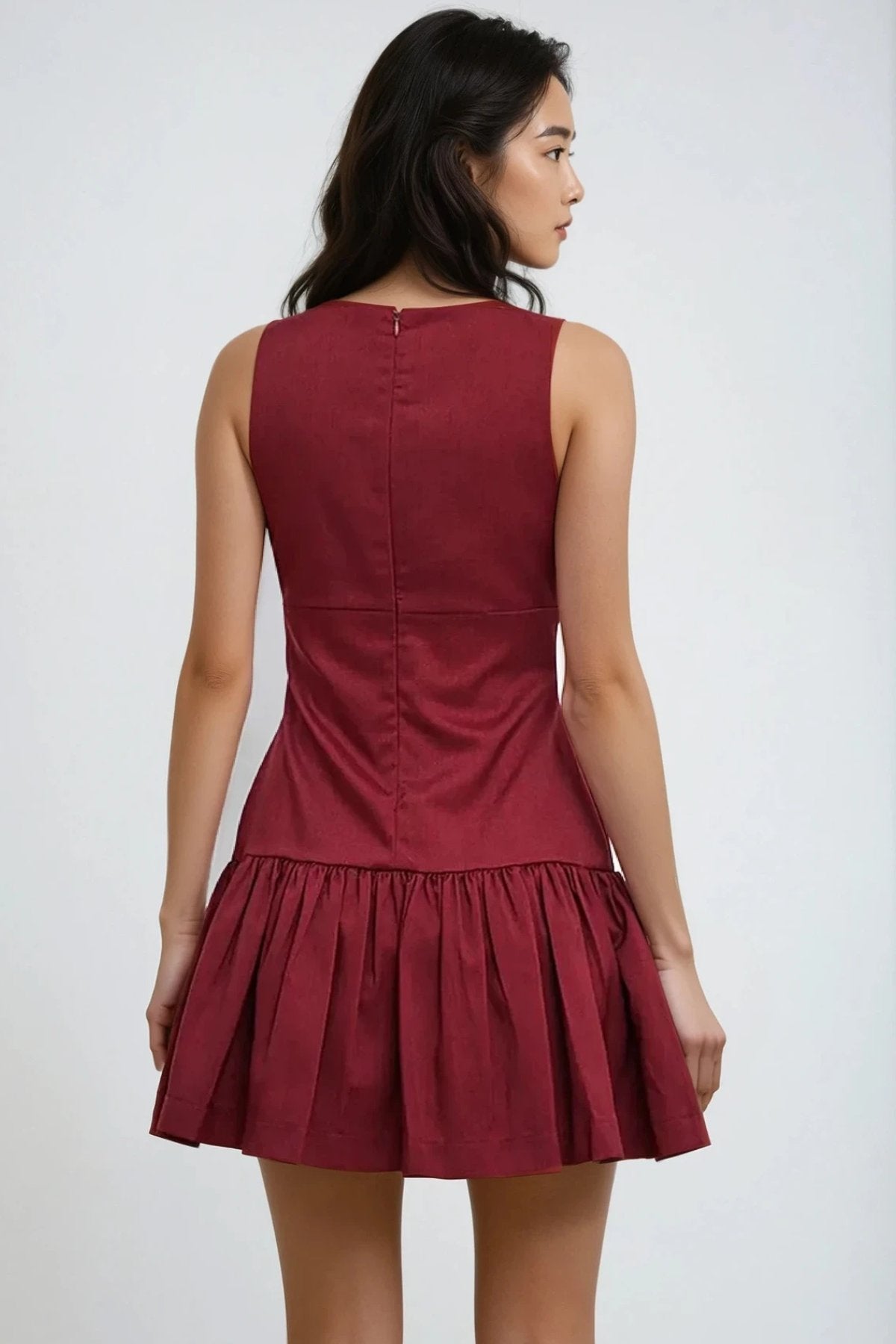 ARIA Boat Neck Bow Accent Ruffled Mini Dress (Burgundy Red)