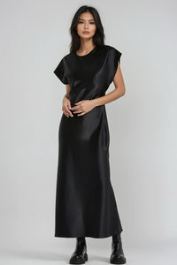 NOA Satin Midi Dress with Deep Back Slit (Black)