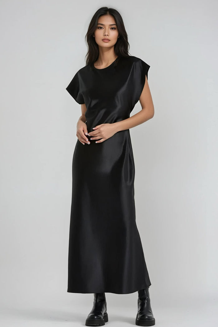 NOA Satin Midi Dress with Deep Back Slit (Black)