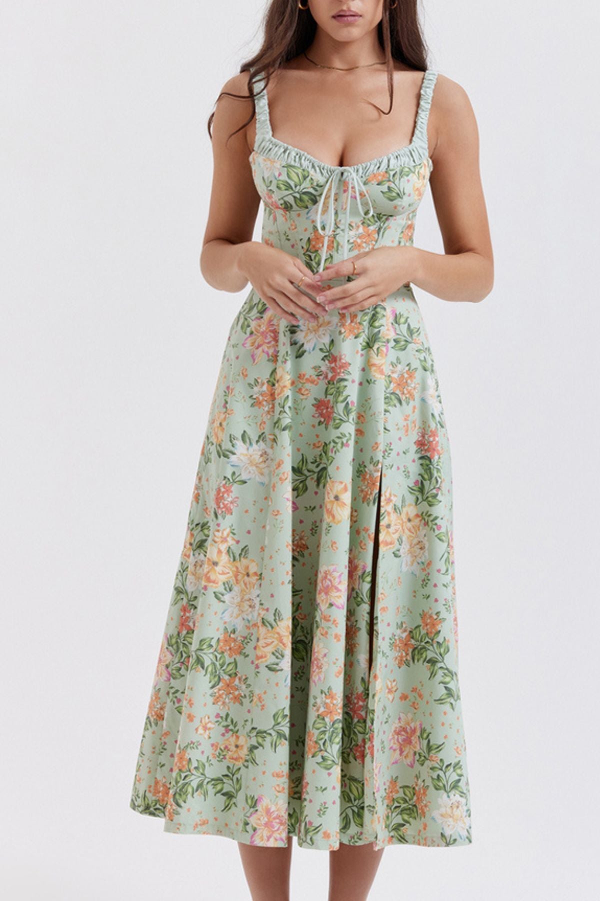 LONDYN Floral Bustier Midi Dress w/ Thigh Slit